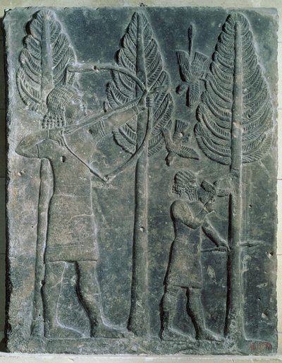 Relief depicting the hunting of birds in the woods, from the Palace of Sargon II at Khorsabad, Iraq by Assyrian